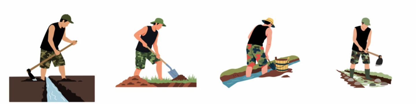 Set of four illustrations showing men engaged in manual labor tasks such as digging trenches, using shovels and hoes for irrigation or construction.
