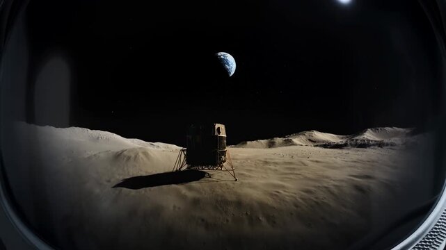 Lunar Landscape With Earth Reflection. Remote Lunar Surface Scene Showing Earth And Detailed Textures