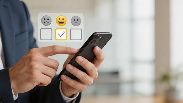Businessman selecting positive feedback rating satisfaction using smartphone with digital interface showing happy emoji checkmark for customer service review and opinion poll