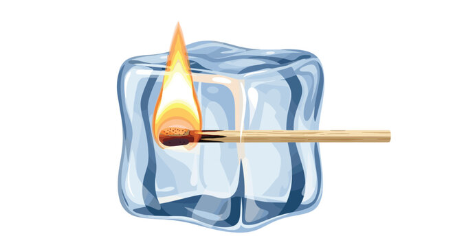 Burning wooden matchstick with bright orange flame partially encased inside large transparent square ice cube against solid white background with cold tone.