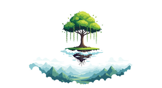 A vibrant green tree with hanging vines rests upon a small floating island suspended above a majestic, layered mountain range under a clear white sky.