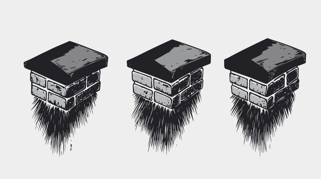 Three stylized, isometric brick structures with dark shading, atop grassy or bristly textures, on a neutral background