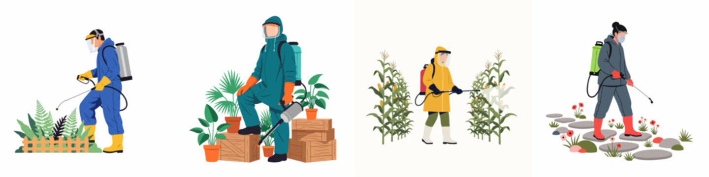Set of illustrations featuring workers in protective suits using backpack sprayers to apply pesticides or fertilizers to various plants and crops.