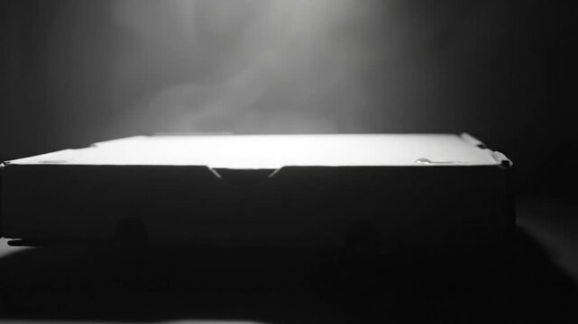 Black and white close up of a pizza box with steam rising from it in a dark room