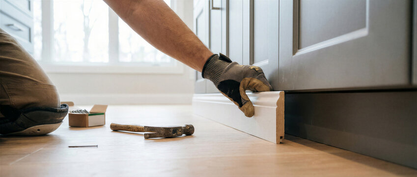 Closeup of a carpenter installing white baseboard trim on kitchen cabinets with a hammer and nails on a wooden floor