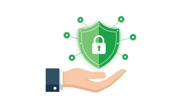 A hand holds a green shield with a padlock connected to various circular nodes to symbolize a secure network or infrastructure on a white studio background.