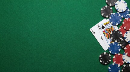 Top down view of Ace of Spades and King of Spades playing cards with a pile of colorful poker chips on a green felt casino table, gambling concept with large copy space for text.