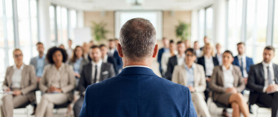 Fototapeta premium Rear view of a businessman giving a presentation to a group of colleagues in a modern office conference room