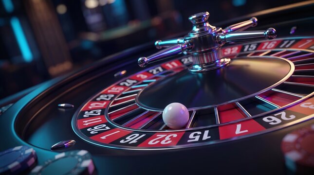 Close up of a spinning casino roulette wheel with white ball landing on red and black numbers, luxury gambling equipment in a blurred casino interior with vibrant bokeh lights and atmosphere.