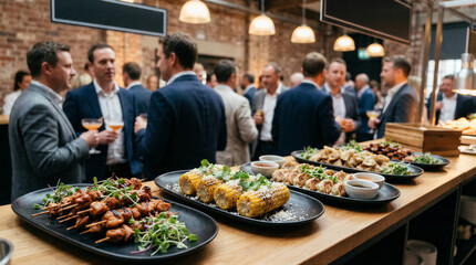 Obraz premium Professional networking event with catering buffet featuring grilled chicken skewers, corn on the cob, and dumplings in a rustic venue