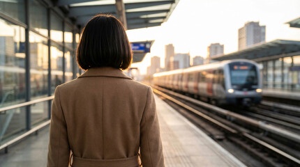 Obraz premium Rear view of a woman in a brown coat standing on a train platform waiting for the subway in a modern city at sunset