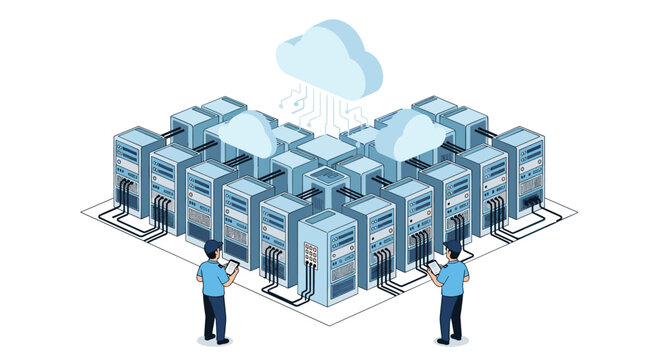 Technicians manage a massive cluster of server racks connected to floating cloud icons in a high-tech data center infrastructure storage environment.