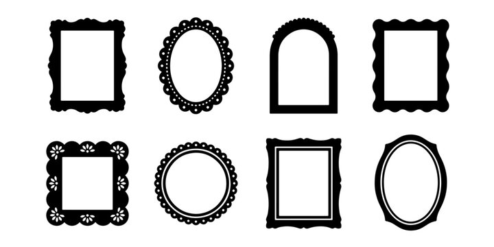 Vintage picture frame silhouettes, set of 8 ornate black borders. Antique decorative frame collection for gallery walls and photo displays.
