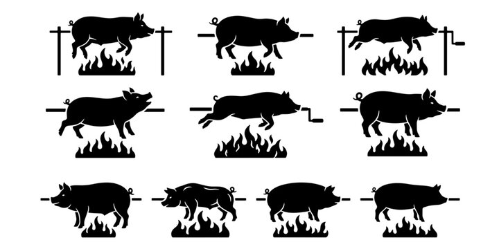 Roasted pig silhouette set, 10 whole hog spit roast icons over fire, black barbecue pork vector elements for restaurant menus and catering