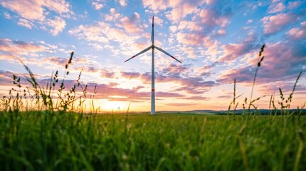 Obraz premium Wind energy turbine at colorful sunset over agricultural field, renewable resource for clean power, green technology, and sustainable industrial development in nature.