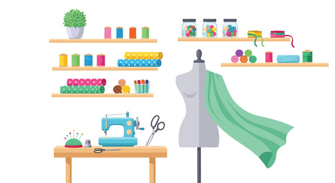 Bright sewing studio interior featuring organized shelves of thread spools and jars of buttons with a sewing machine and a dress form draped in fabric.