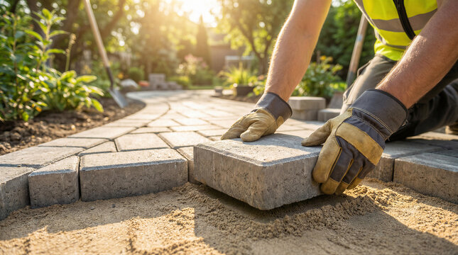 Closeup of a construction worker installing concrete pavers on a sand base to create a garden pathway in a sunny backyard setting