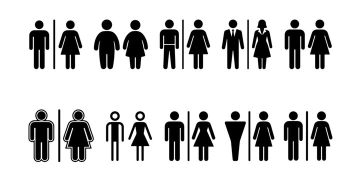 Restroom sign icons set, male and female toilet symbols in various body shapes, black gender pictograms for washroom navigation and public signage