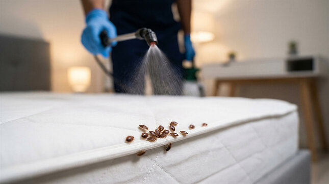 Professional pest control exterminator spraying insecticide on a mattress infested with bed bugs in a bedroom