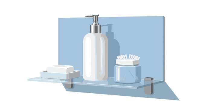 Glass bathroom shelf features a white pump bottle, a bar of soap in a ceramic holder, and a blue jar of cotton swabs against a soft blue background.