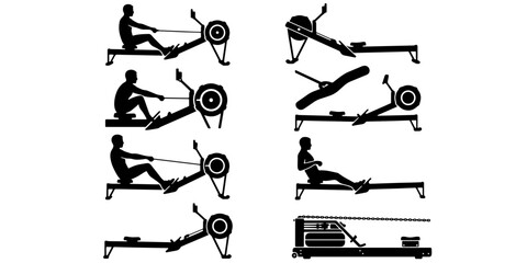 Rowing machine silhouette icons, fitness gym equipment vector set, indoor rower workout exercise positions, 8 black and white sports graphics © Lubna