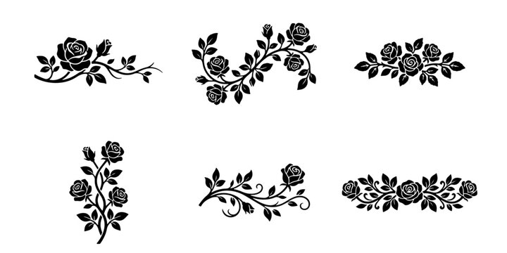 Vintage black rose floral silhouettes, set of 6 decorative flower branch vectors, elegant botanical rose ornaments for wedding invitations and engraving