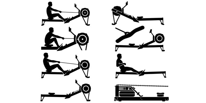 Rowing machine silhouette icons, fitness gym equipment vector set, indoor rower workout exercise positions, 8 black and white sports graphics