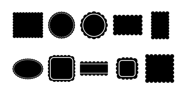 Vintage scalloped frame set, black silhouette postage stamp borders, 10 decorative edge vector shapes for labels and badges