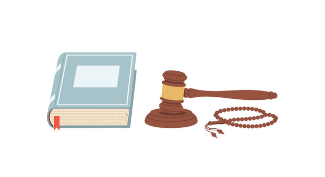 A closed blue law book rests beside a polished mahogany gavel and a string of brown prayer beads on a clean white surface with soft neutral lighting.