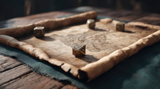 Themed tabletop imagery featuring a vintage map and fantasy accessories with decorative dice set on a rustic wooden table for gaming sessions