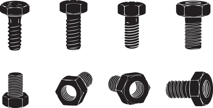 Industrial Steel Bolts and Hex Nut Hardware Icon Set