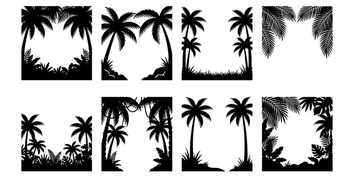 Tropical palm tree silhouette frames, set of 8 black jungle leaf border vectors, exotic island summer foliage square frames for vacation invitations