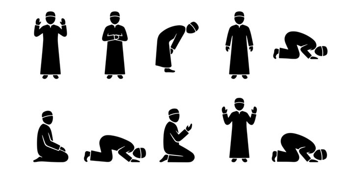 Islamic prayer positions icon set, Muslim man performing Salah steps, black silhouette figures of religious worship movements, 10 vector elements