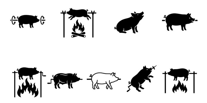 Roasted pig silhouette icons, set of 9 spit roast pork vectors, barbecue hog roast symbols for restaurant menus and butcher shop branding