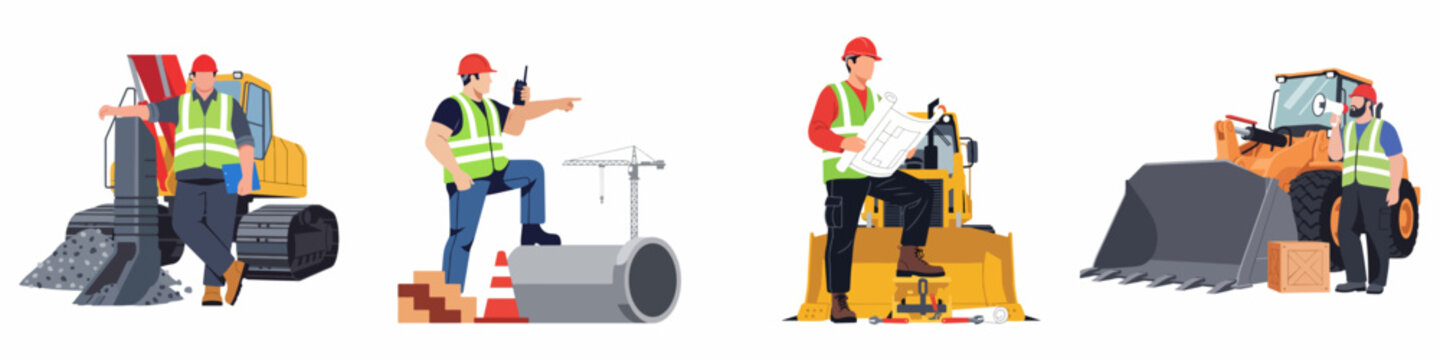 Set of flat vector illustrations of construction workers, architects, and engineers with heavy machinery like excavators and bulldozers at a building site.