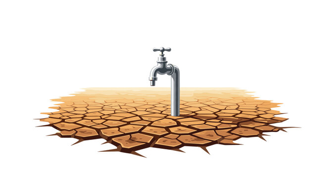A metallic water faucet sits isolated in the middle of a small patch of severely cracked and dry earth surrounded by a clean bright white background.