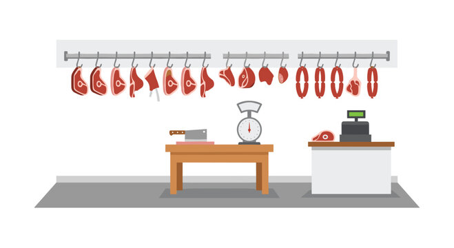 A butcher shop interior features various cuts of fresh raw meat hanging from metal hooks on a long horizontal rail above a wooden table and register.