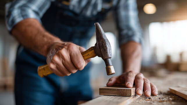 Close-up of hands (faceless) showing how to use a vintage wooden-handled hammer, a small DIY wooden project on a workbench, Father and child crafting concept, sharp focus on the wo