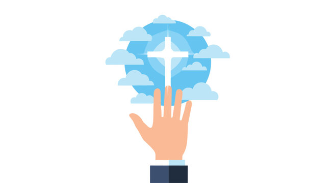 A large hand reaches upward toward a white cross centered inside a blue circular frame surrounded by fluffy white clouds on a clean white background area.