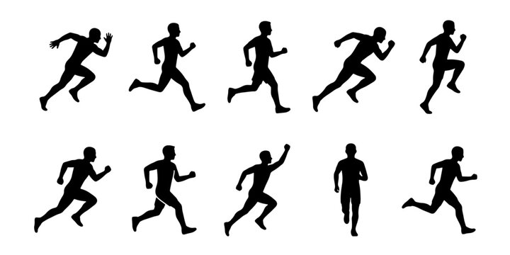 Athletic running man silhouettes, set of 10 male runner vector icons, sprinting and jogging athlete figures for sports and fitness design