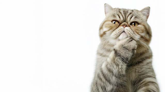Thinking meme cat with paw on chin looking up, grumpy skeptical tabby cat contemplating isolated on white background with copy space right