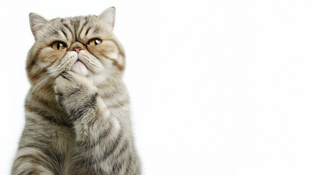Thinking meme cat with paw on chin looking up, grumpy skeptical tabby cat contemplating isolated on white background with copy space rignt