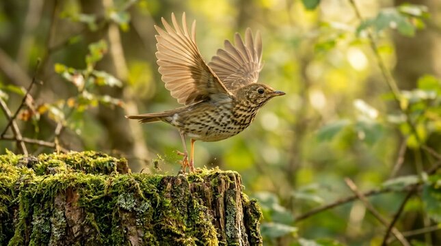 Song Thrush Takes Flight From Mossy Tree Stump in Forest