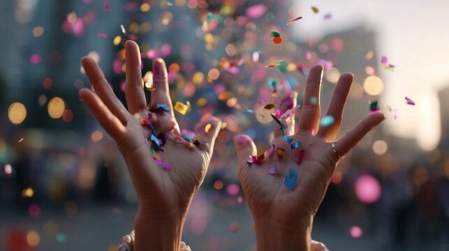 Aesthetic low angle shot of hands (faceless) reaching towards the sky filled with colorful rain-bow confetti, blurry parade background, Pride Month celebration atmosphere, sharp fo