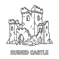 Obraz premium Detailed Black and White Illustration of a Ruined Medieval Castle.