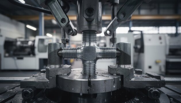 Closeup medium shot of precision machinery producing doubleended automotive studs with tailored threads highlighting automated metal forming in an industrial setting.