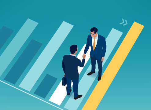 Good deal. Two business men standing on a growing business graph viewed from above and shaking hands. Vector illustration.
