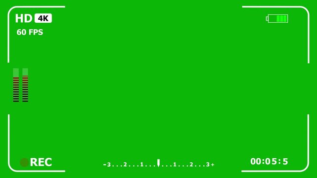 4K camera recording overlay with alpha channel. Viewfinder grid frame with timecode counter and REC icon blink. Vertical streaming recorder HUD for video editing footage.