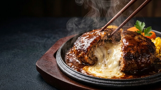 Chopsticks breaking open a juicy, cheese-filled Japanese hamburger steak (hambagu) on a sizzling iron skillet with demi-glace sauce.