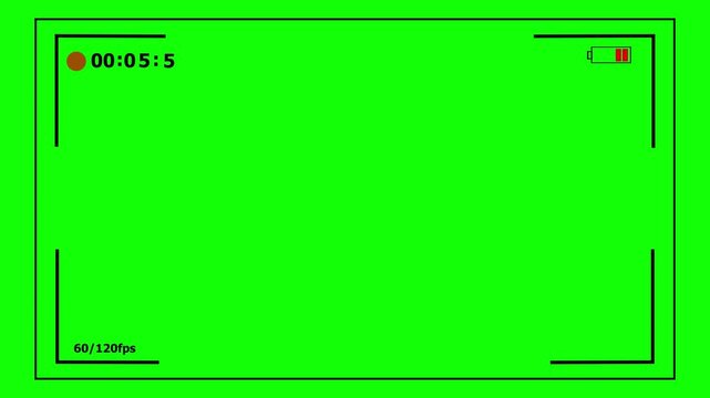 Camera recording screen overlay with alpha channel in 4K. Camera recording screen viewfinder frame with timer, time code and REC icon blink animation. Camera recording template streaming.